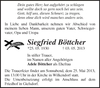 Traueranzeige von Siegfried Böttcher von Märkische Oderzeitung