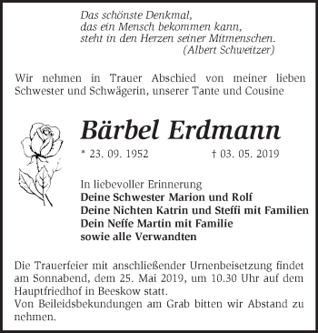 Traueranzeige von Bärbel Erdmann von Märkische Oderzeitung