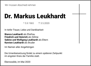 Traueranzeige von Markus Leukhardt von Märkische Oderzeitung