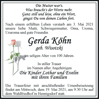 Traueranzeige von Gerda Köhn von Märkische Oderzeitung