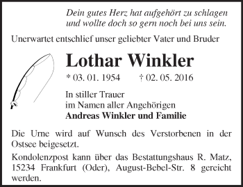 Traueranzeige von Lothar Winkler von Märkische Oderzeitung