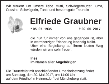 Traueranzeige von Elfriede Graubner von Märkische Oderzeitung
