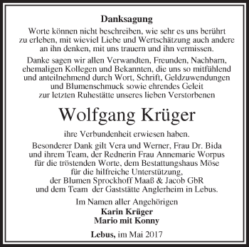 Traueranzeige von Wolfgang Krüger von Märkische Oderzeitung