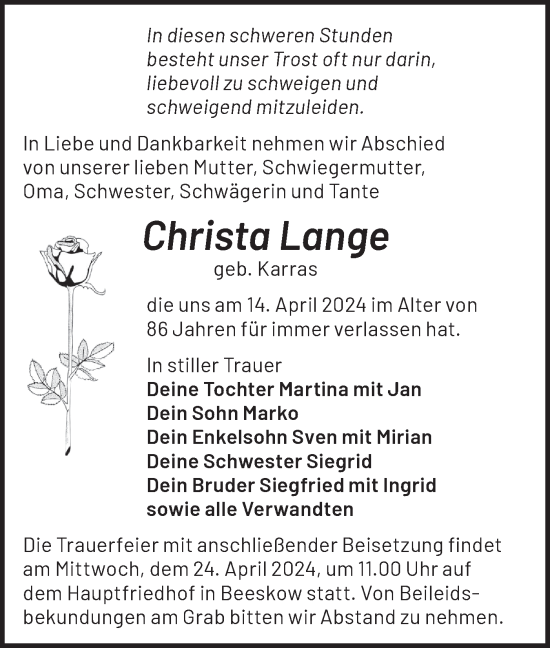 Traueranzeige von Christa Lange von Märkische Oderzeitung