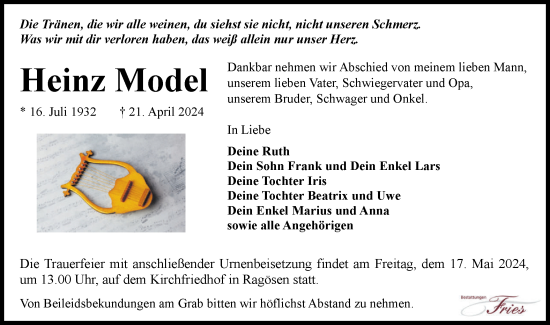 Traueranzeige von Heinz Model von Märkische Oderzeitung