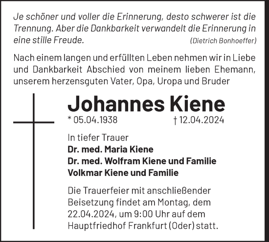 Traueranzeige von Johannes Kiene von Märkische Oderzeitung